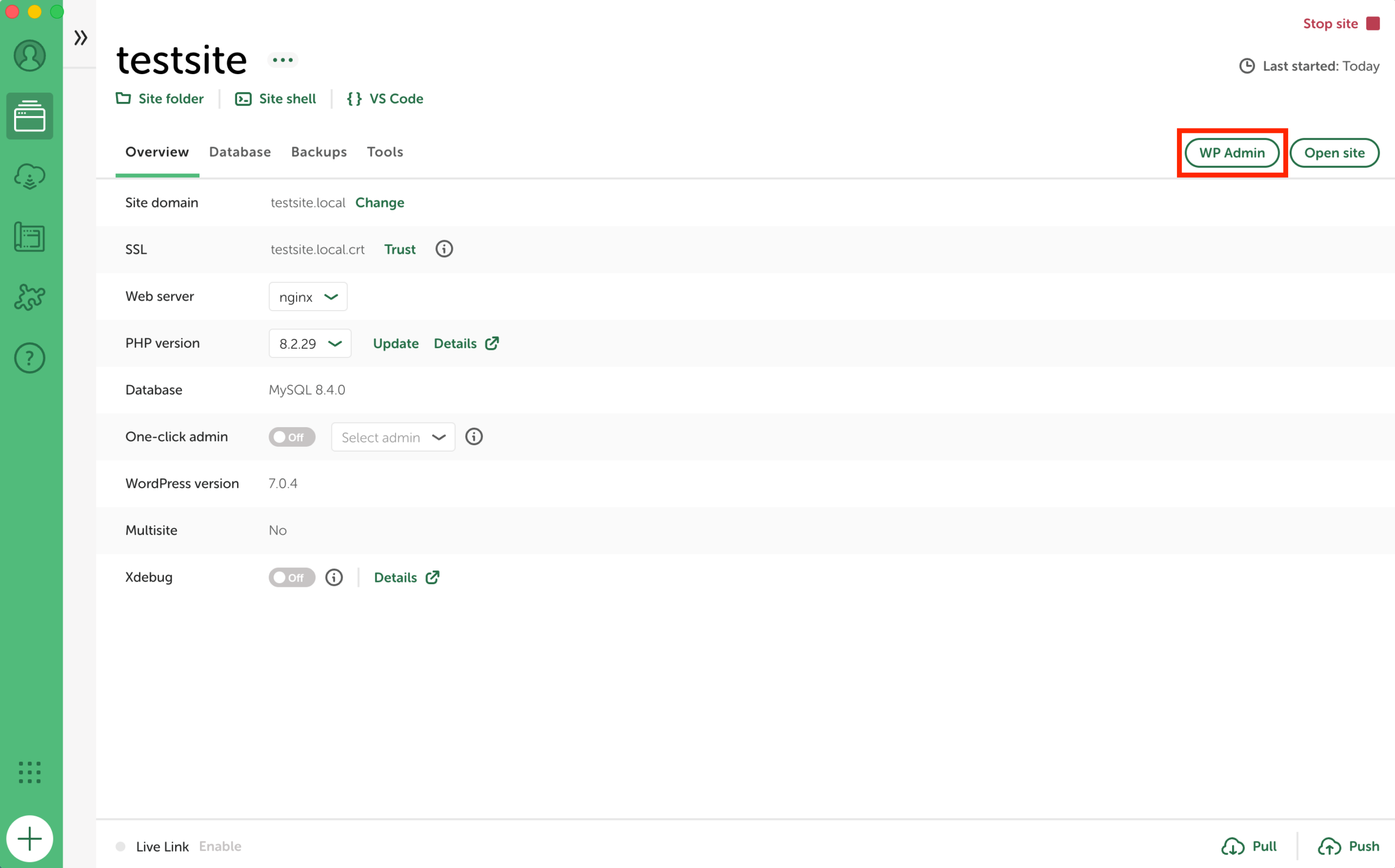 Localアプリ画面：WP Admin