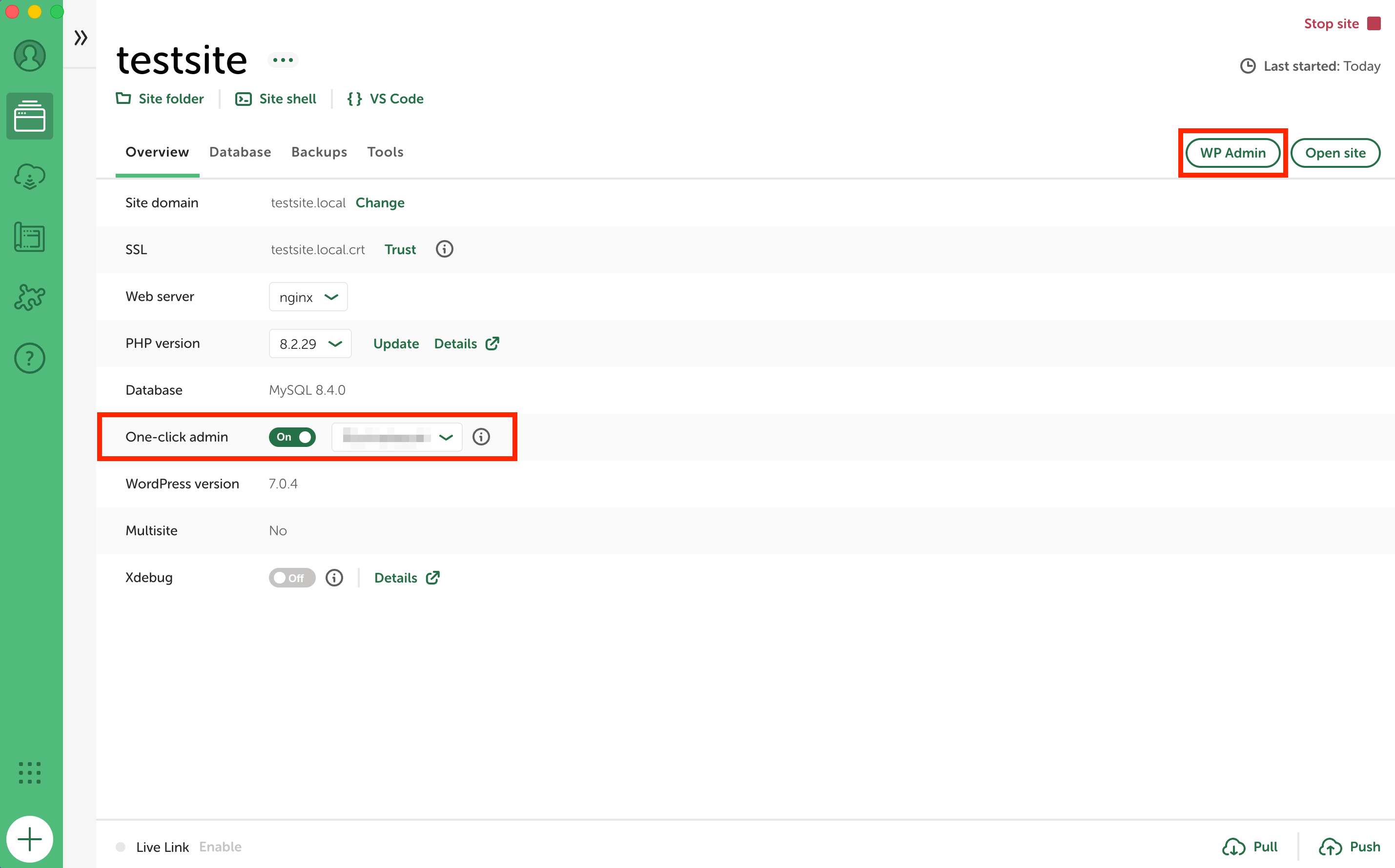 Localアプリ画面：One-click adminをOnにしてWP Admin