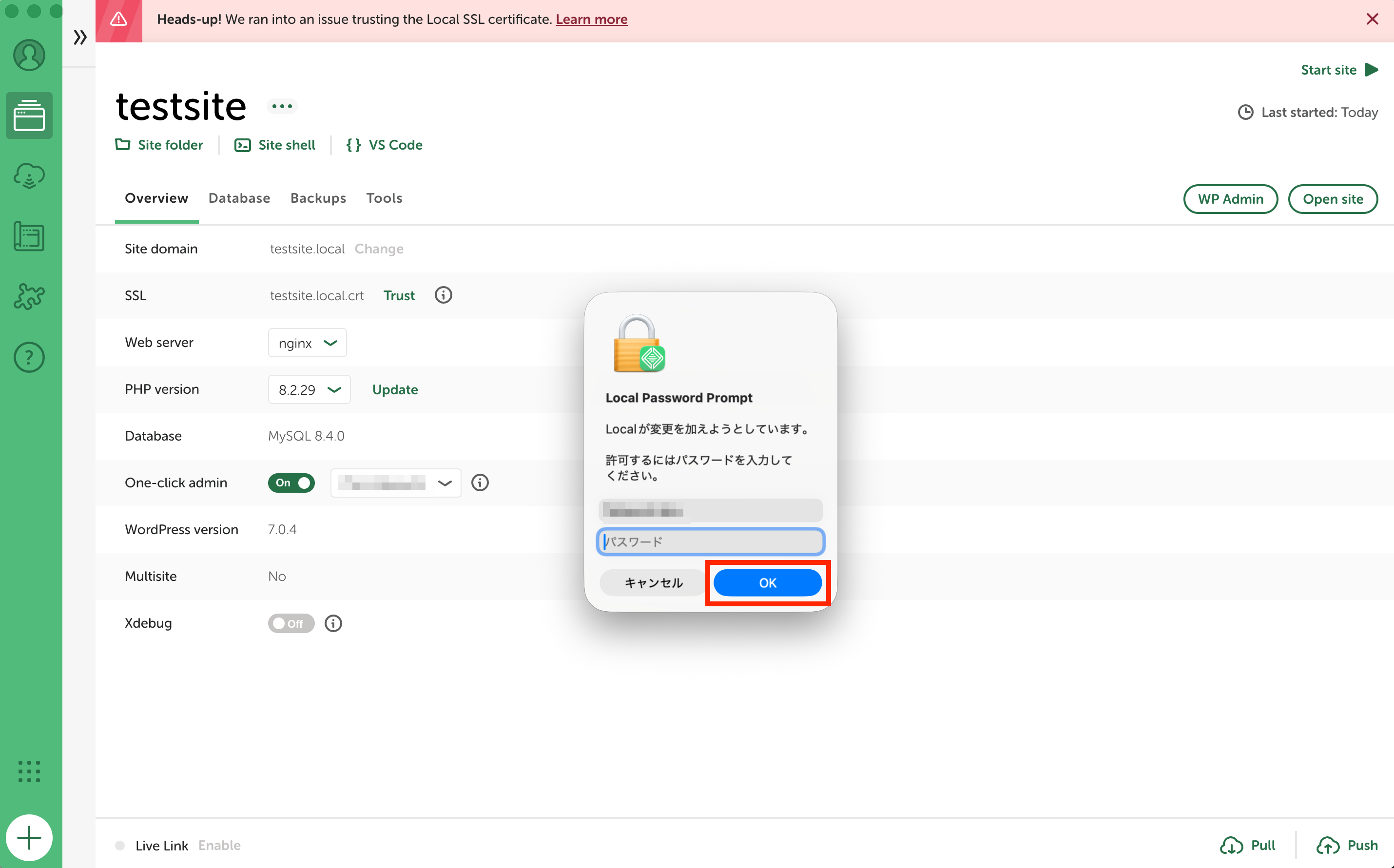 Localアプリ画面：パスワード入力