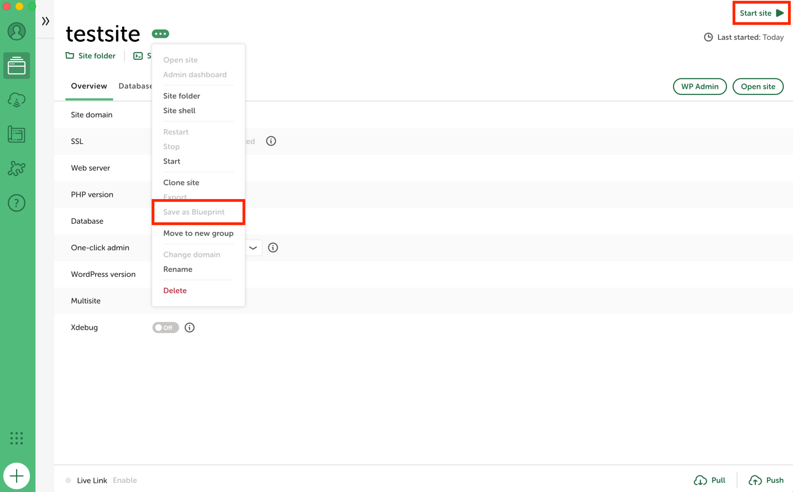 Localアプリ画面：Save as Blueprintがクリック不可