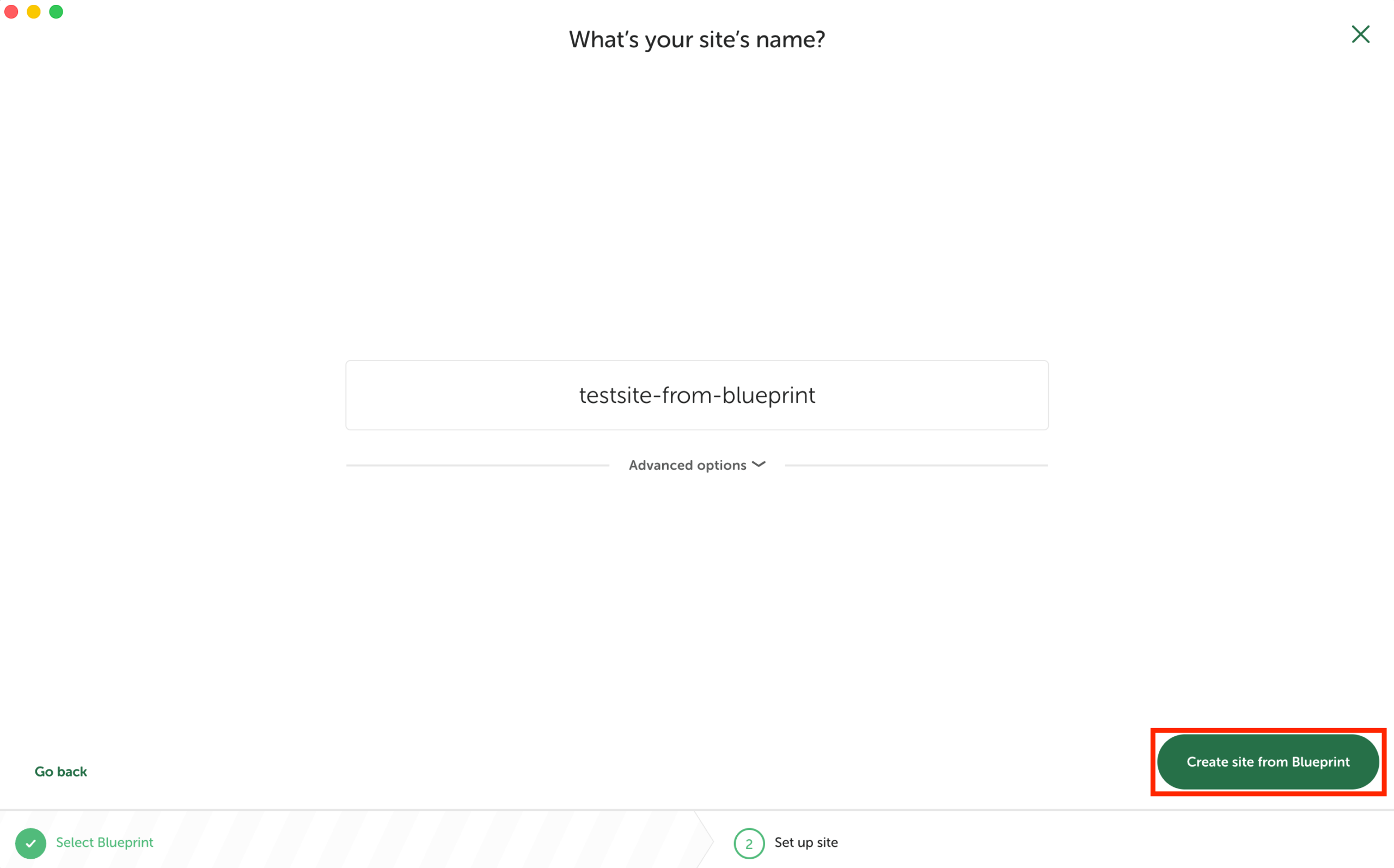Localアプリ画面：Create site from Blueprint