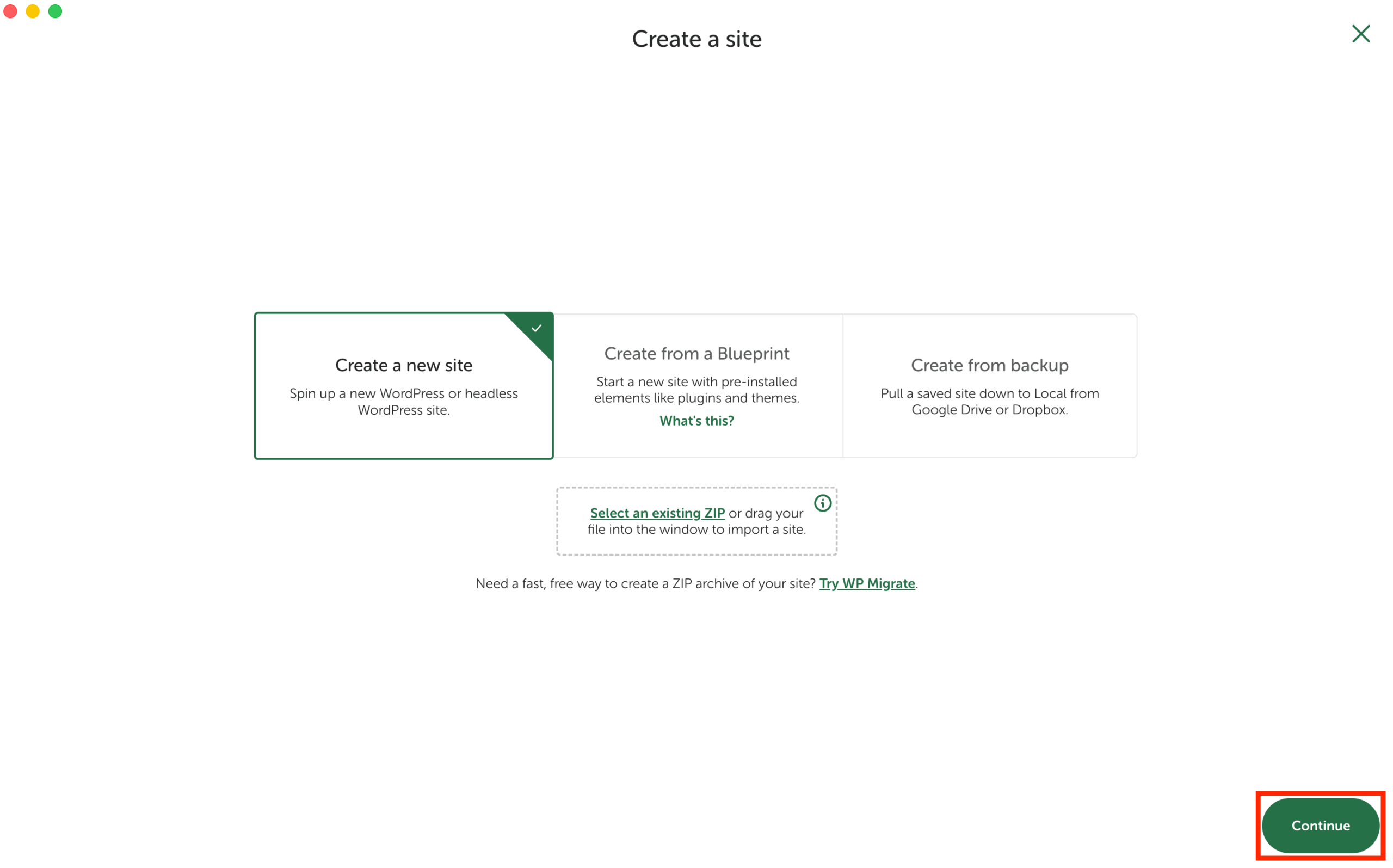 Localアプリ画面：Create a new siteを選択